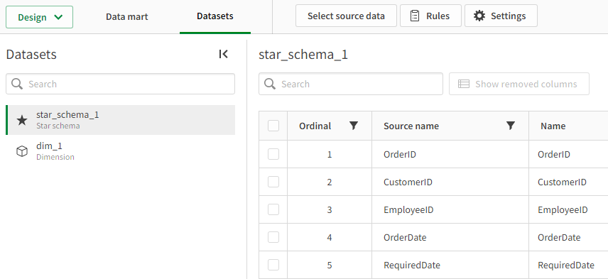 Registerkarte „Datensätze“ für die Verwaltung von Fakt- und Dimensionsdatensätzen