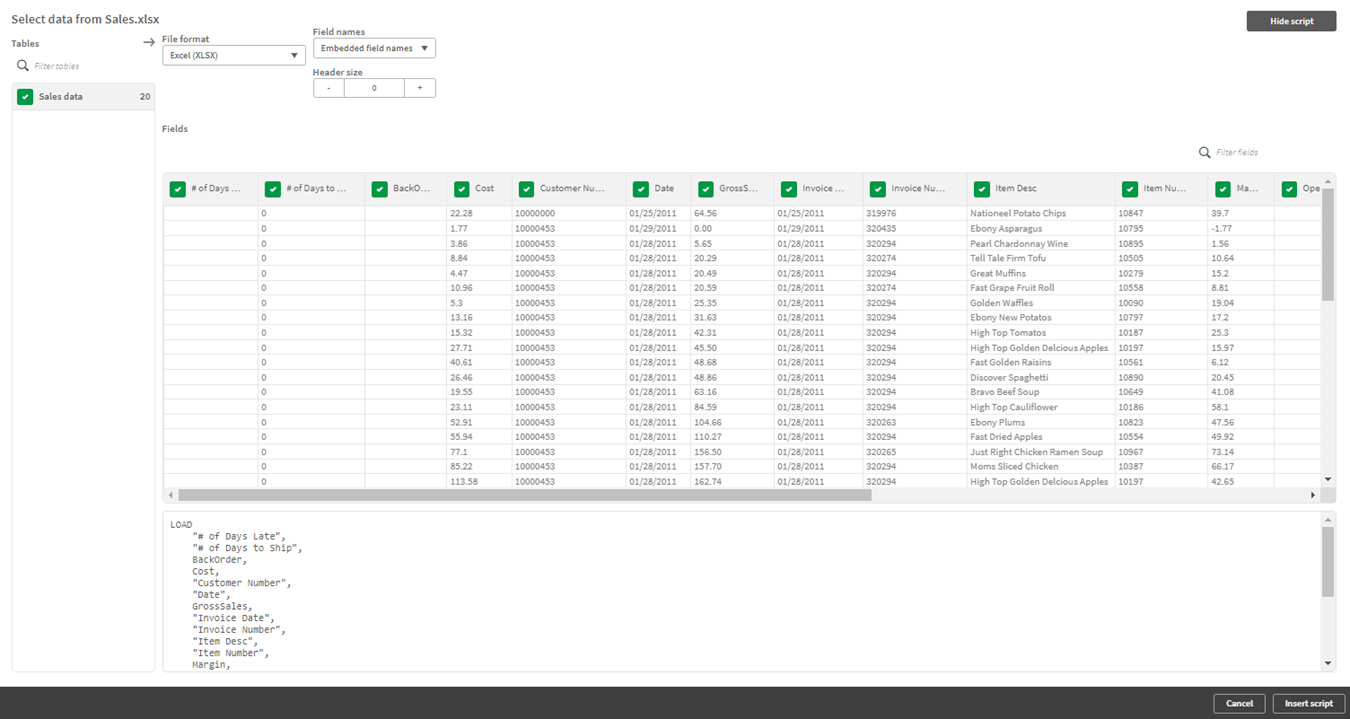 Datenvorschaufenster für die Sales-Datendatei