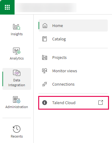 Das Navigationsmenü mit ausgewähltem Abschnitt „Data Integration“ zeigt den Link zu Talend Cloud.