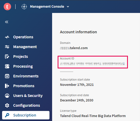 Fenster „Subscription“ mit Kontoinformationen in der Talend Management Console.