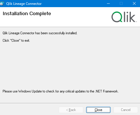 Qlik Lineage Connectors-Bildschirm – Installation abgeschlossen