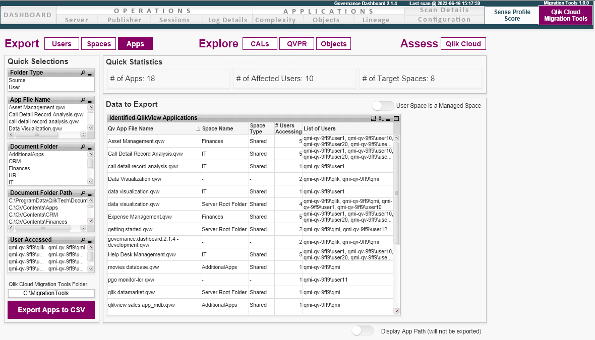 Registerkarte „Migration Tools“ der QlikView to SaaS Migration App, Ansicht „Export Apps“