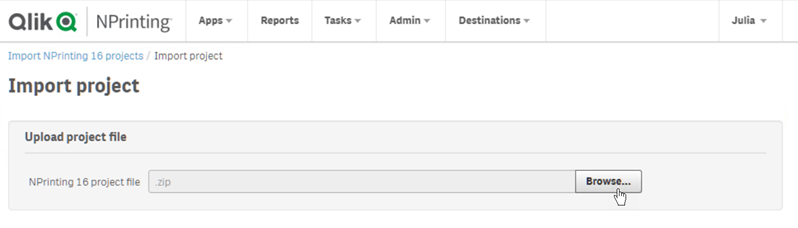 Browse button for uploading NPrinting 16 projects.