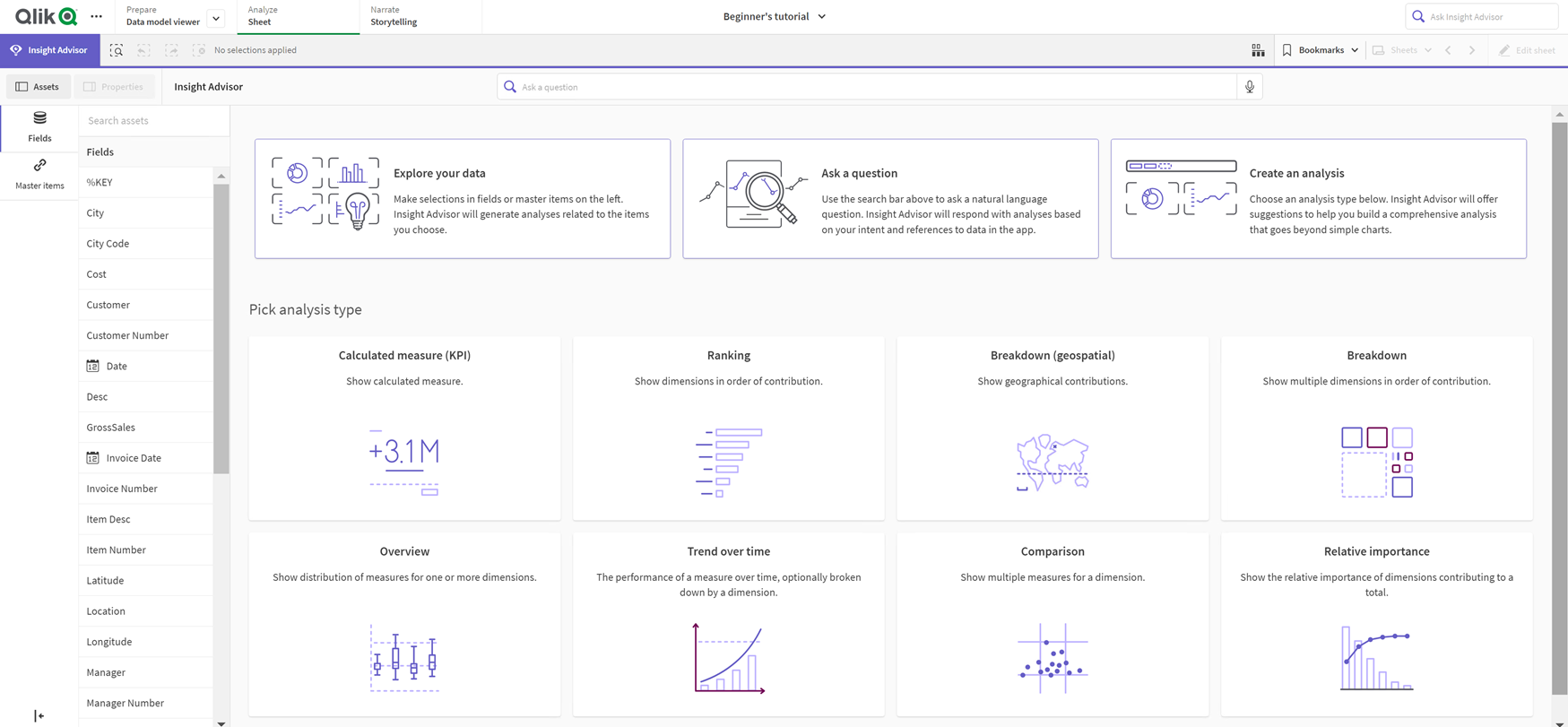 Analysetypen von Insight Advisor, bei denen verfügbaren Analysetypen in Analyseoptionen angezeigt werden.