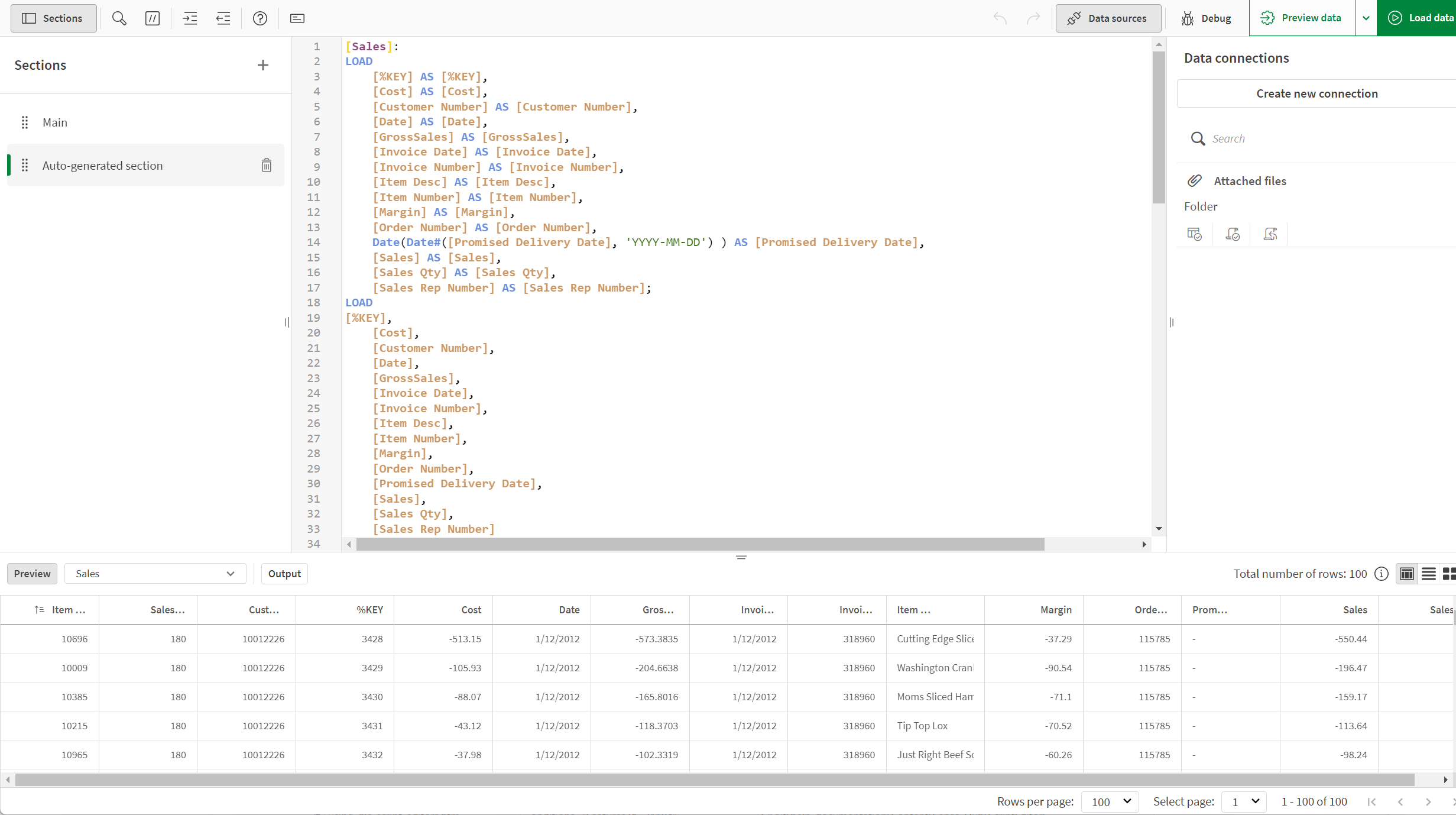 Preview of the loaded data, showing the table Sales in table view of Preview.