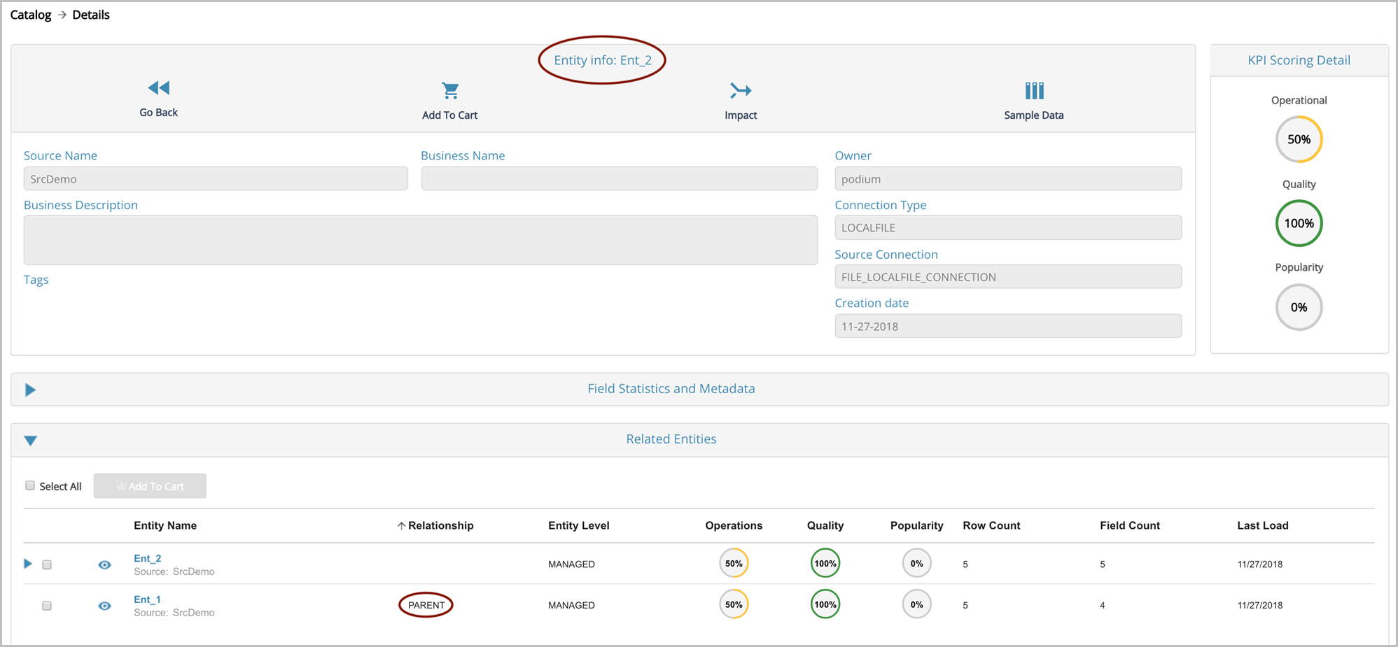 Related entities grid in catalog displays primary and foreign key relations