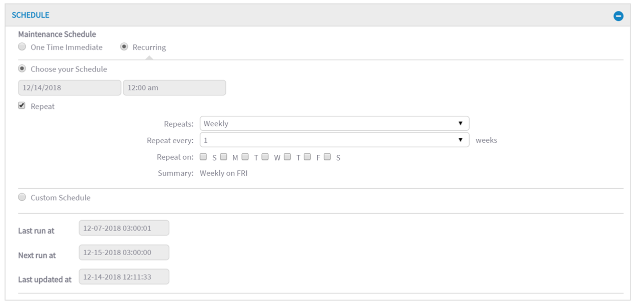 Schedule setup fields and options