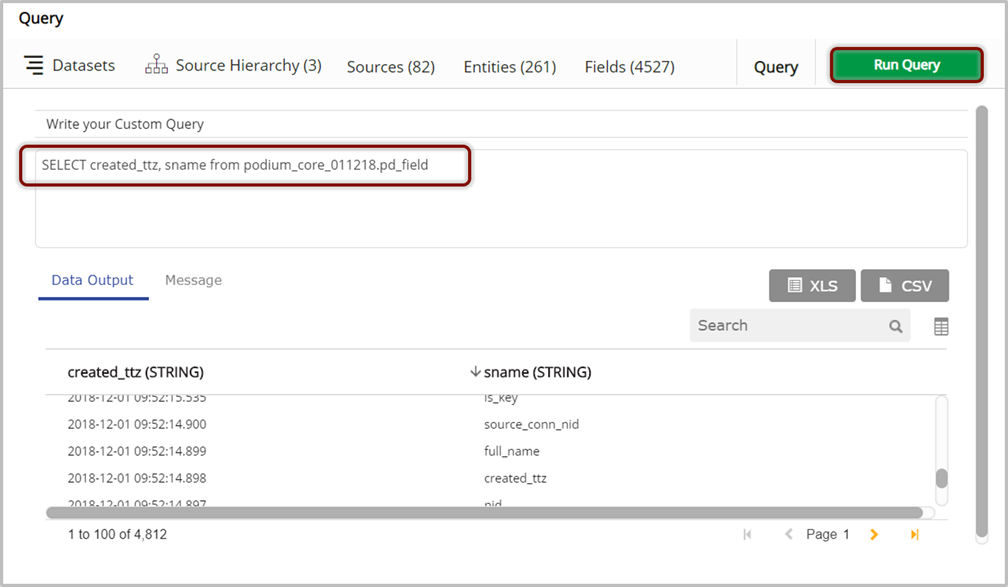 Write a custom query and select Run Query, Data Output displays in lower half of screen