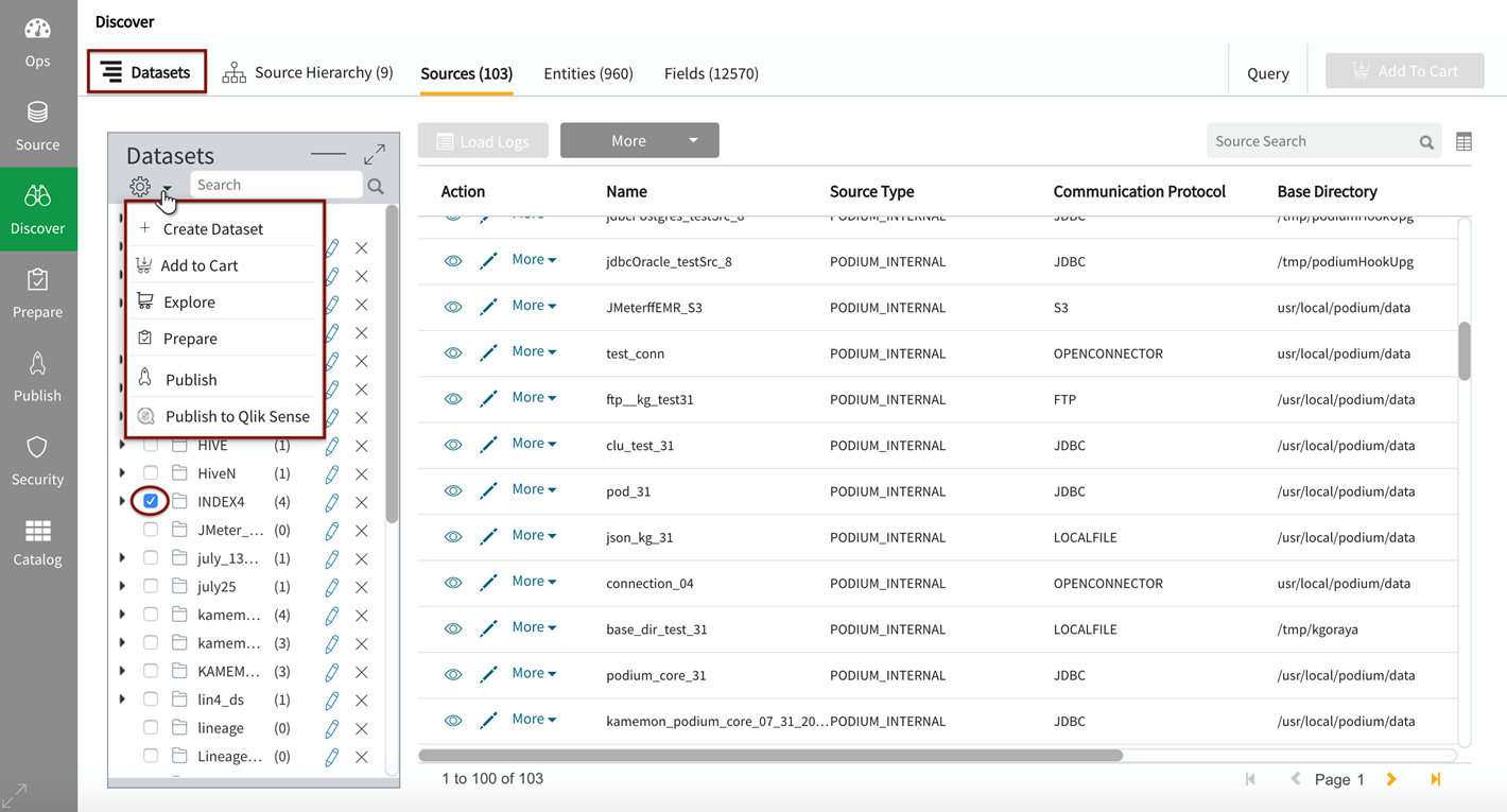 Select gear icon to view action options for selected datasets.