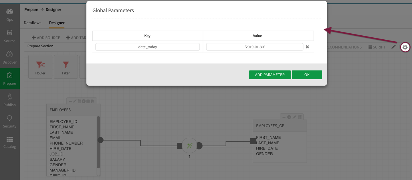 Select gear icon to open the global parameter modal