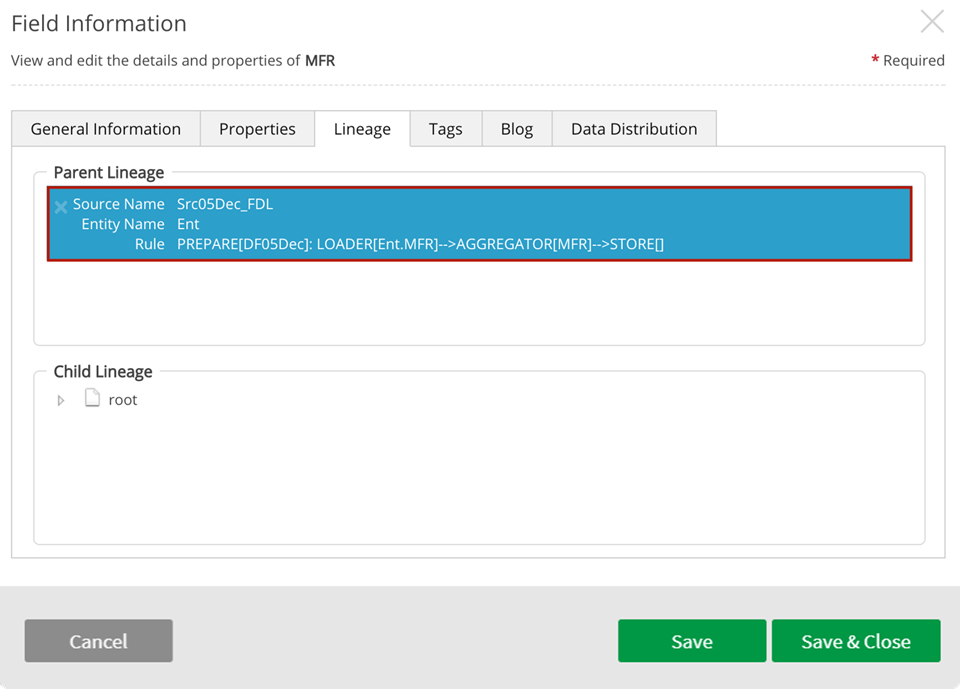 Lineage tab in discover displays prepare dataflow components