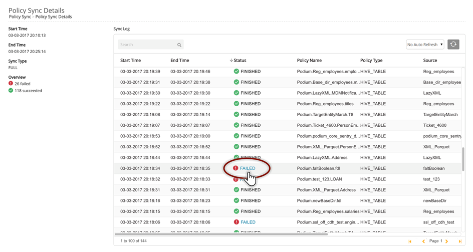 Sync log page provides status for each entity policy sync status