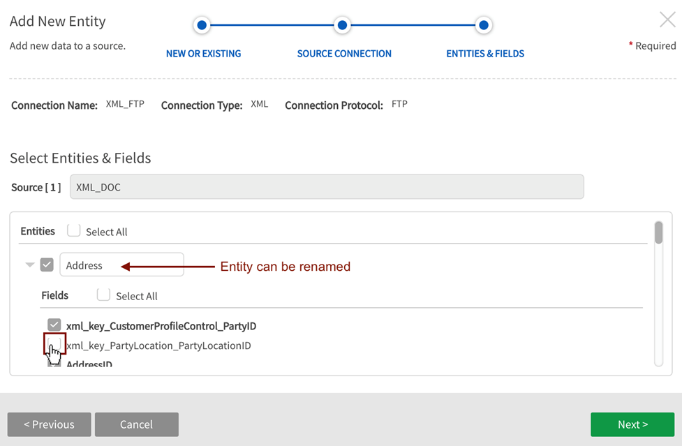 Rename new entities (optional) and select fields