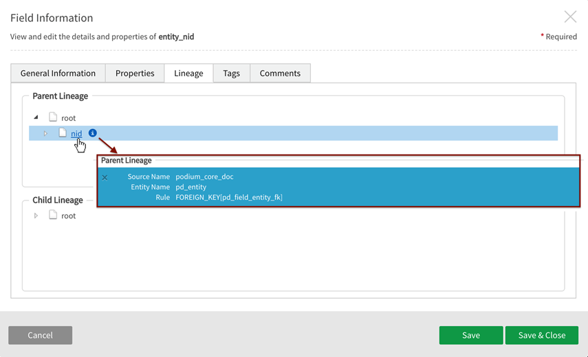 Lineage tab provides key information relative to parent table for each field