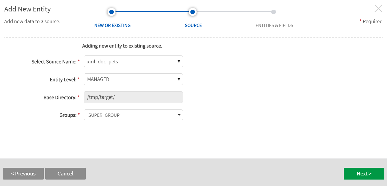 Source screen specify source name, entity level, base directory, groups