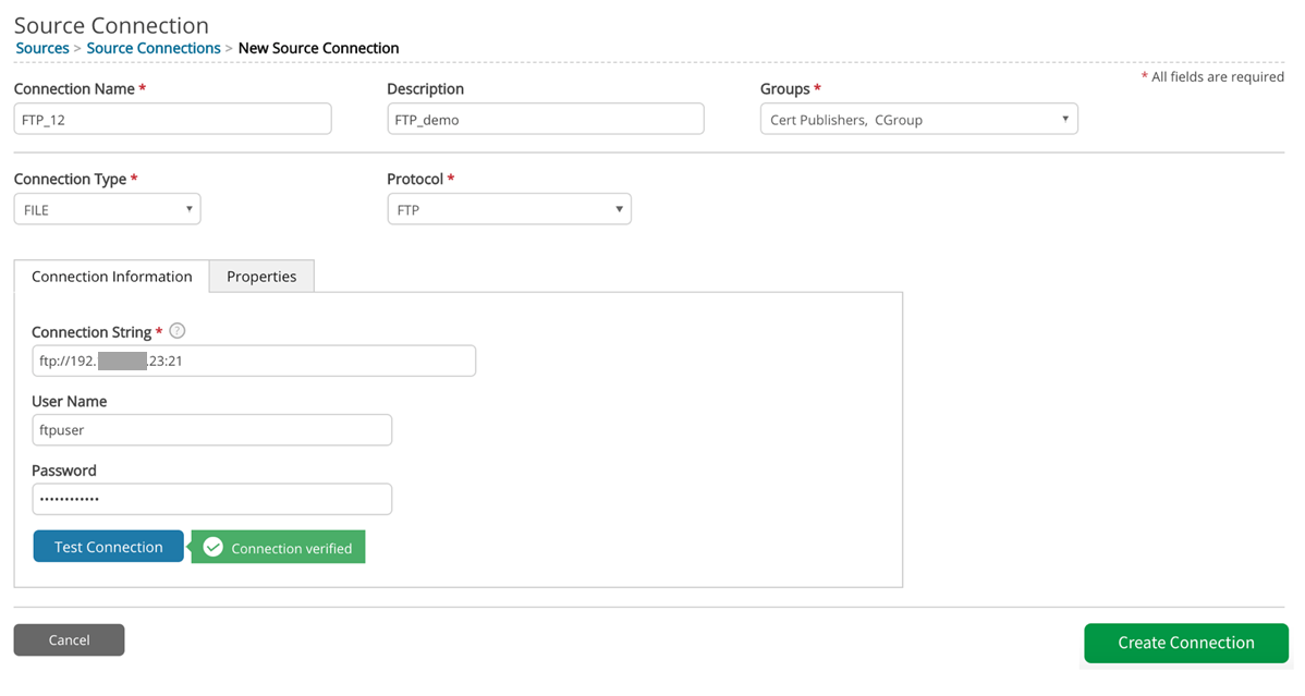 File connection through FTP protocol