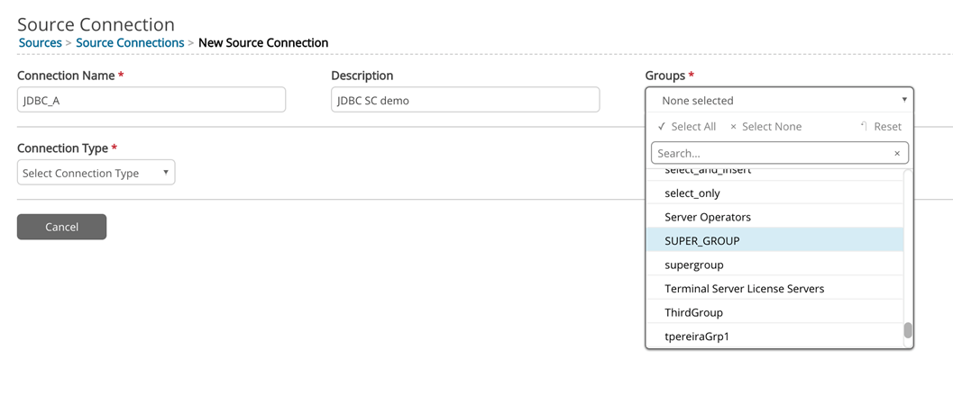 Select groups requiring access to source connection