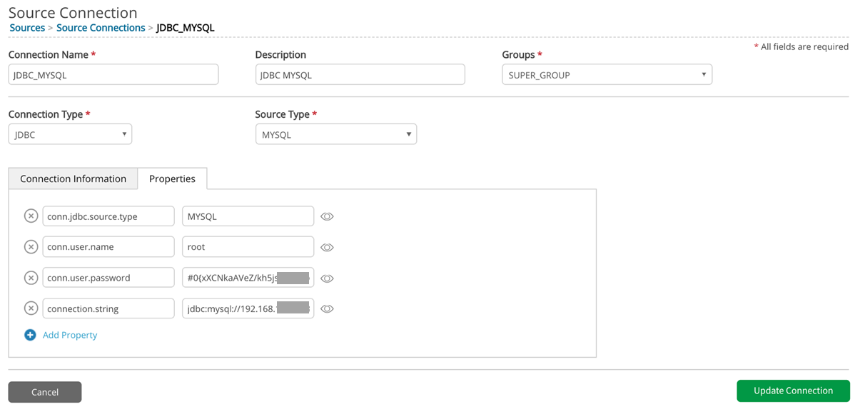 Connection specific properties populate upon connection creation