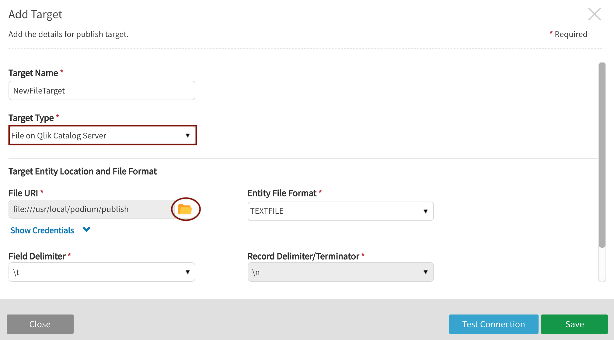 Add target to publish files on Qlik Catalog server