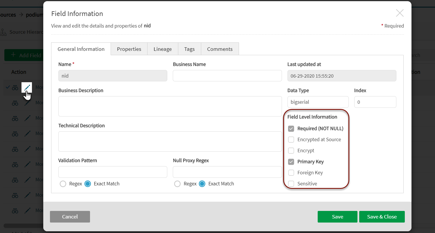 View field details to view primary and foreign key status