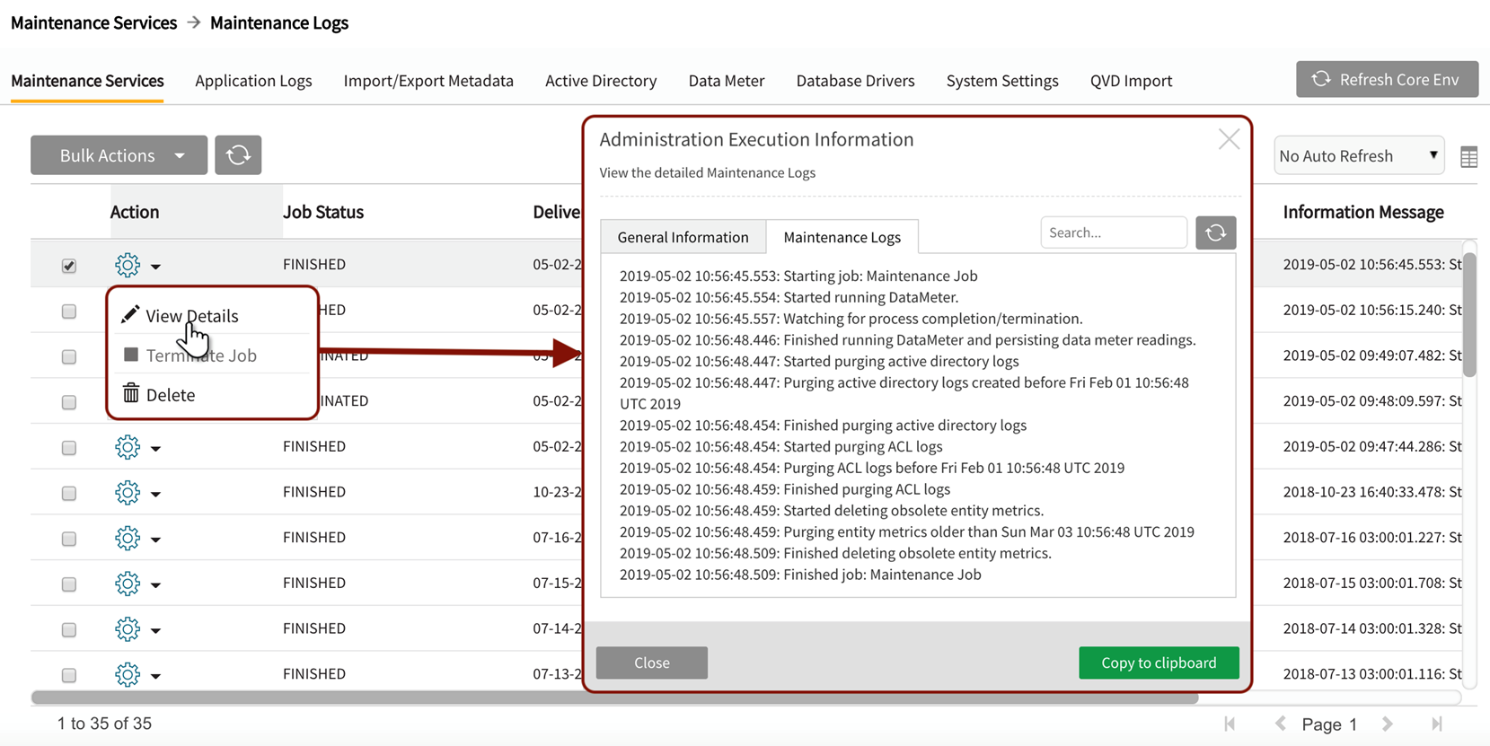 View log details from gear dropdown in logs grid