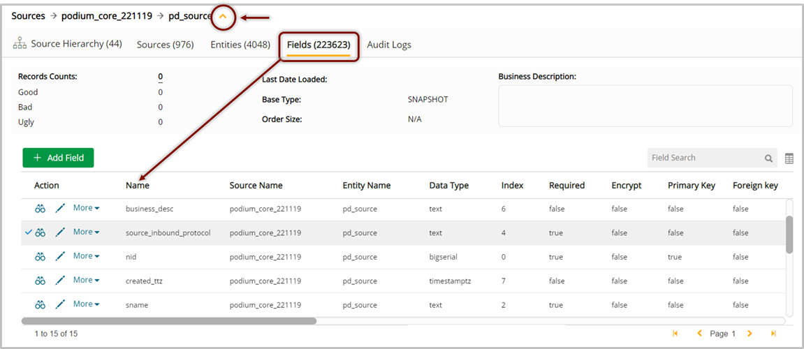 Carat to right of breadcrumb path is expanded to display detailed metadata for the object