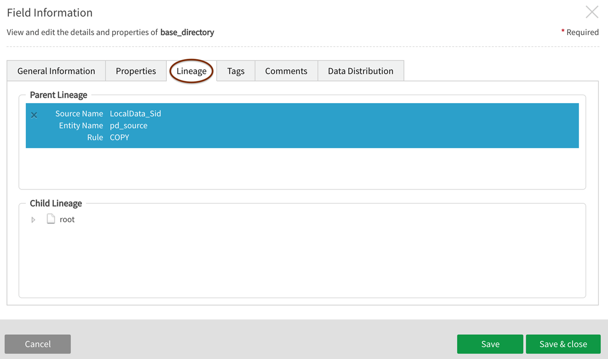 Lineage tab for fields