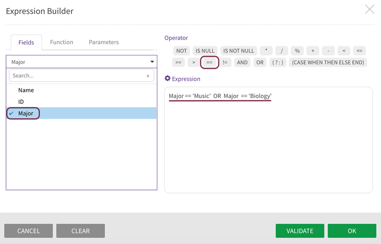 Expression builder panel