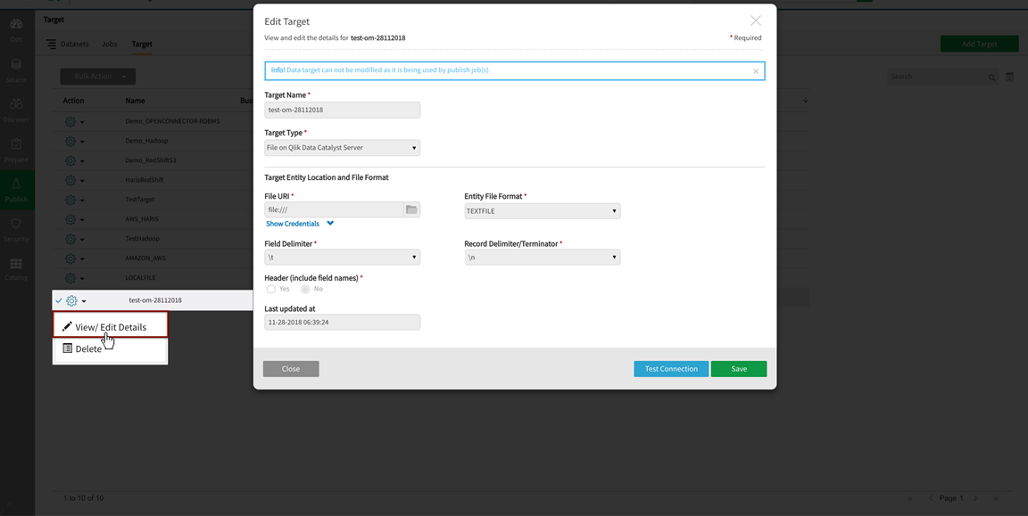 Select view edit details from action dropdown to edit publish target