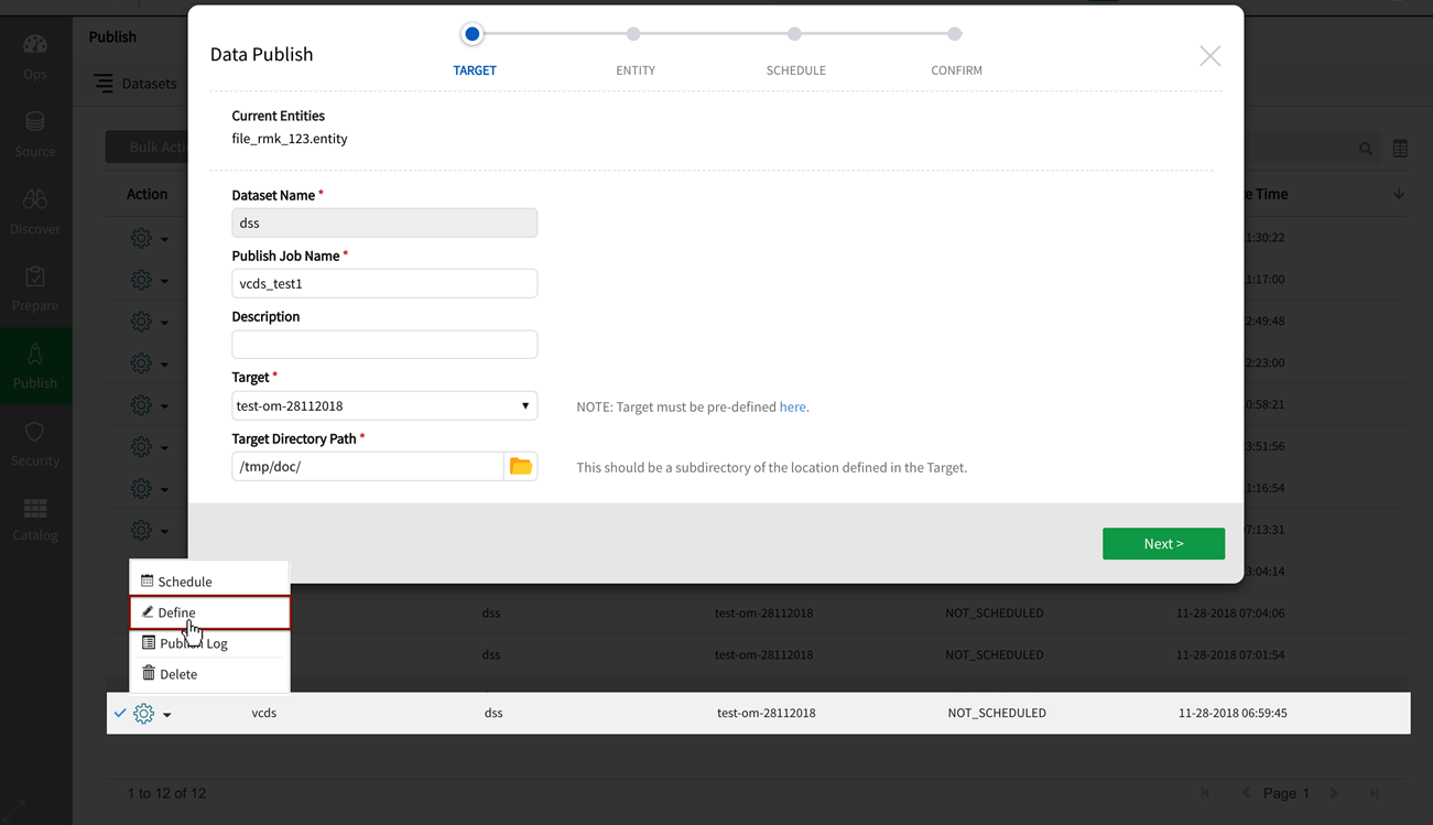 Select schedule from action dropdown to edit publish job