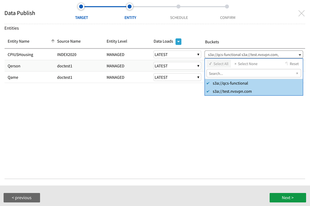 Stage through entity screen, select the appropriate S3 bucket