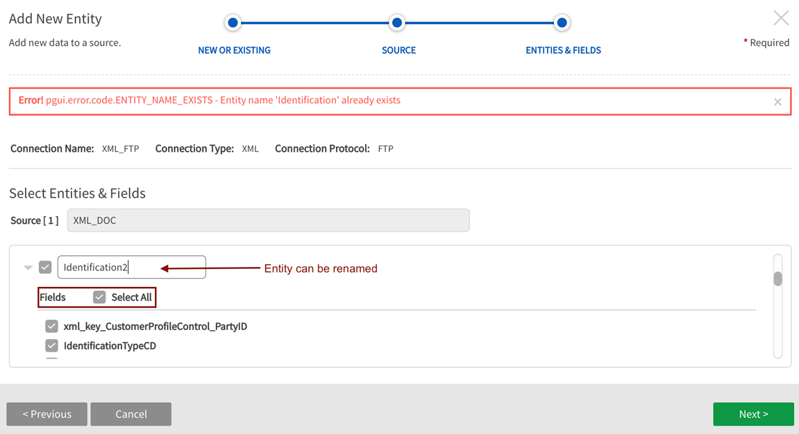 Rename new entities (optional) and select fields