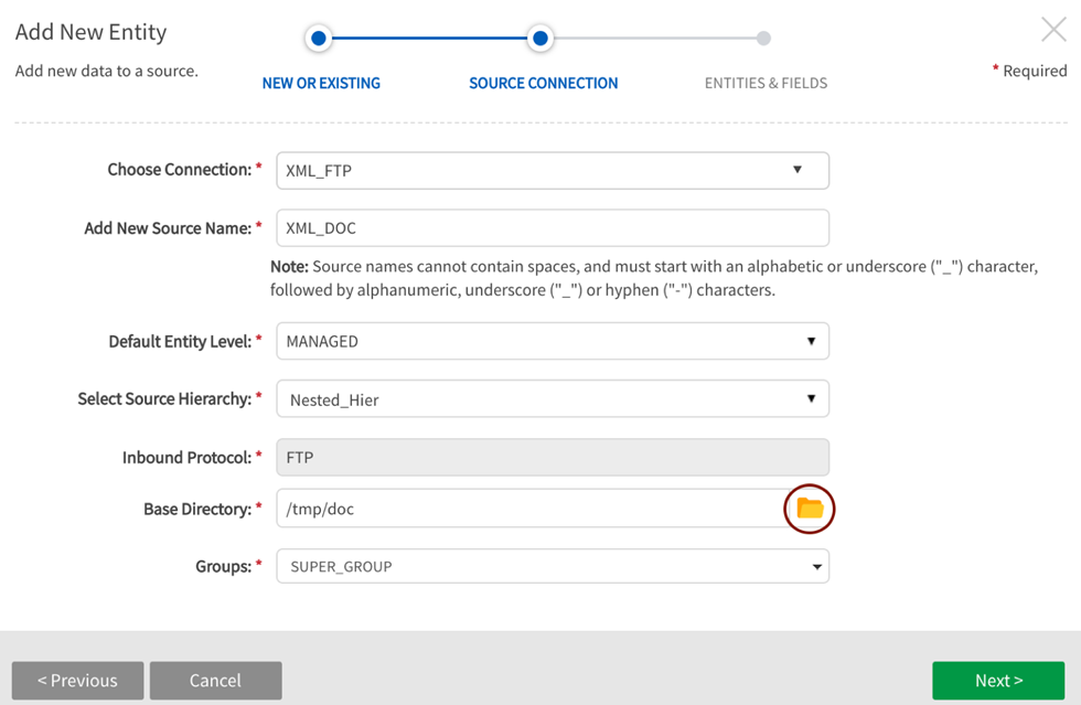 Complete source connection fields 