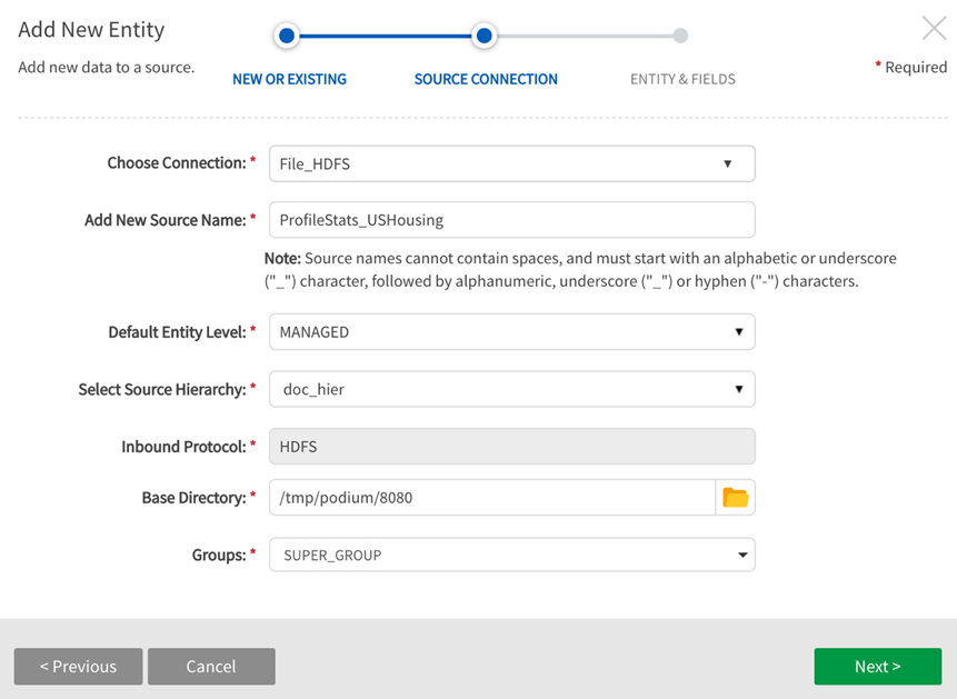 Add data wizard, source specification fields for File on HDFS