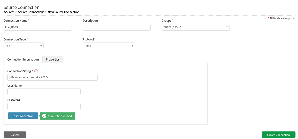 Source connection wizard filled out for File from HDFS connection