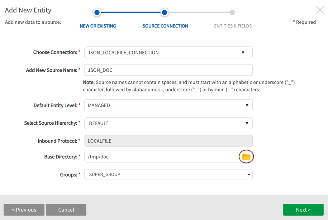 Complete source connection fields 