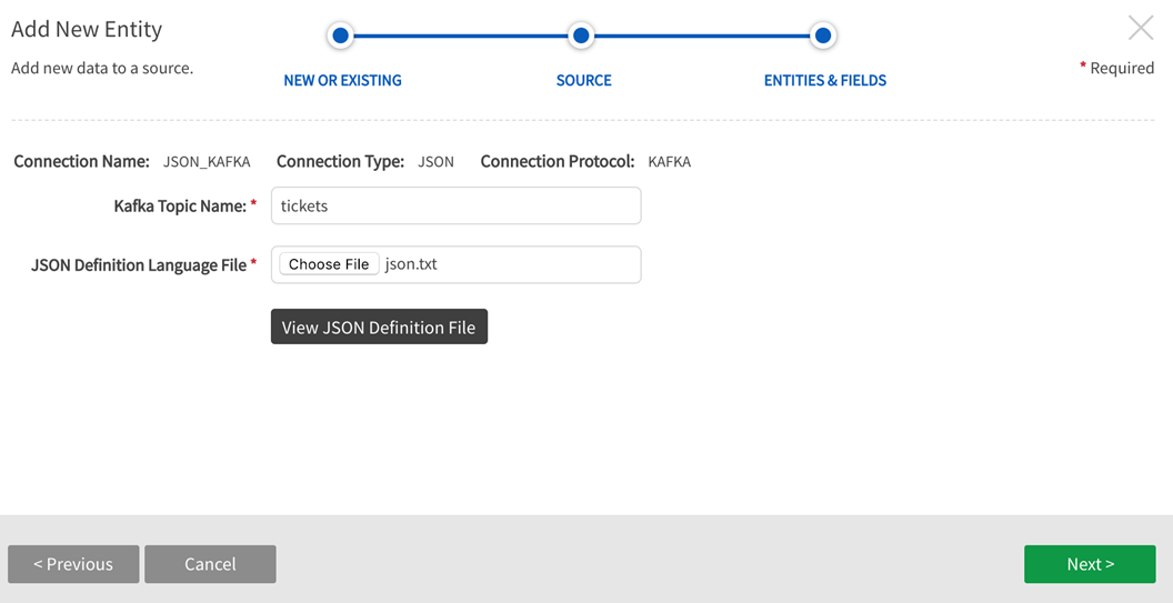 Enter entity data filepath and JSON definition language file