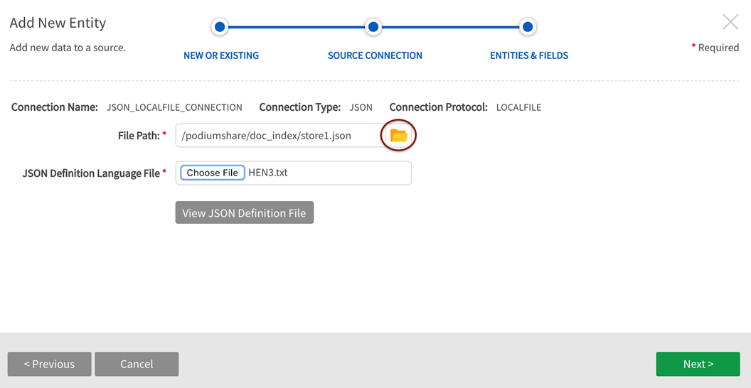 Enter entity data filepath and JSON definition language file