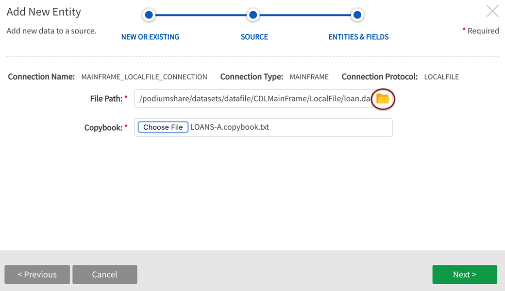 Provide filepath to data and upload copybook from local machine