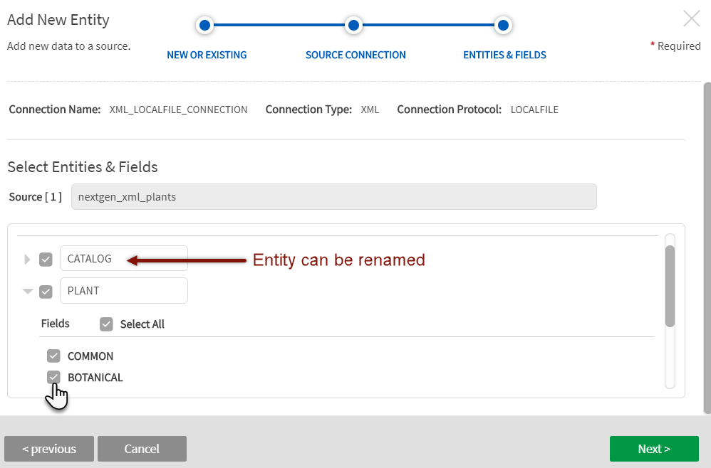 Select entities and fields to add to the source