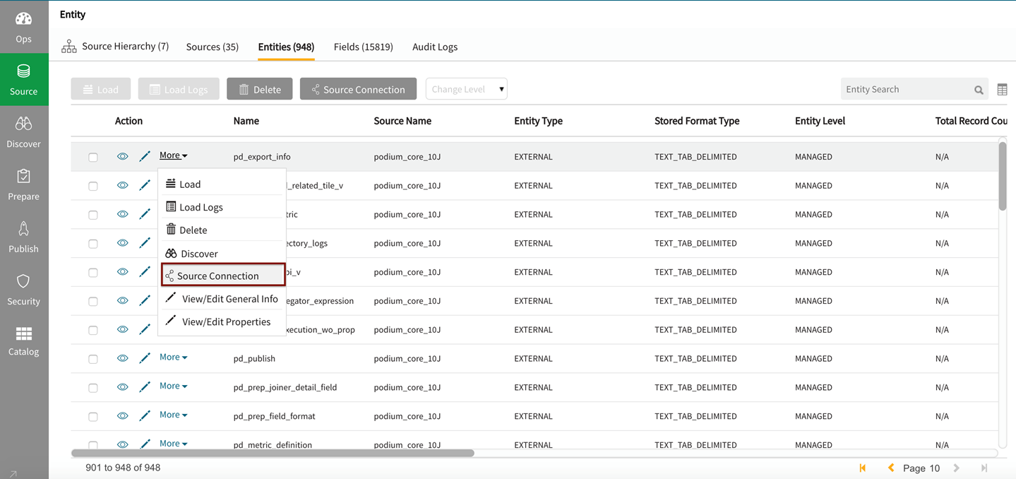 Modify an entity's source connection from entity row, select more and then source connection