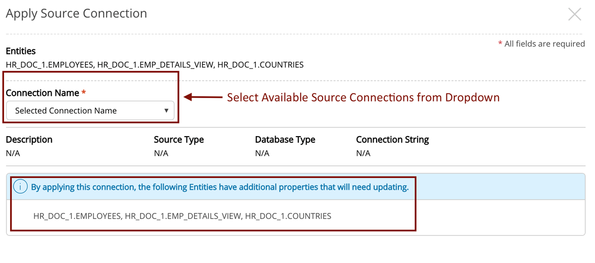 Apply screenshot modal dropdown and list of entities requiring property updates