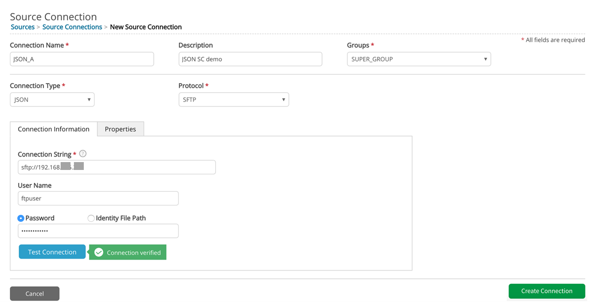 JSON connection through SFTP protocol