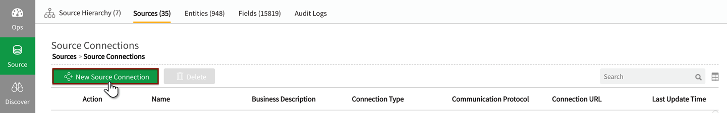 New source connection button is directly above the listed source connections