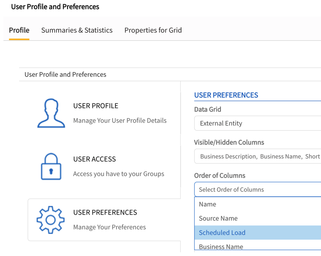 User Preferences section where the order of columns can be modified