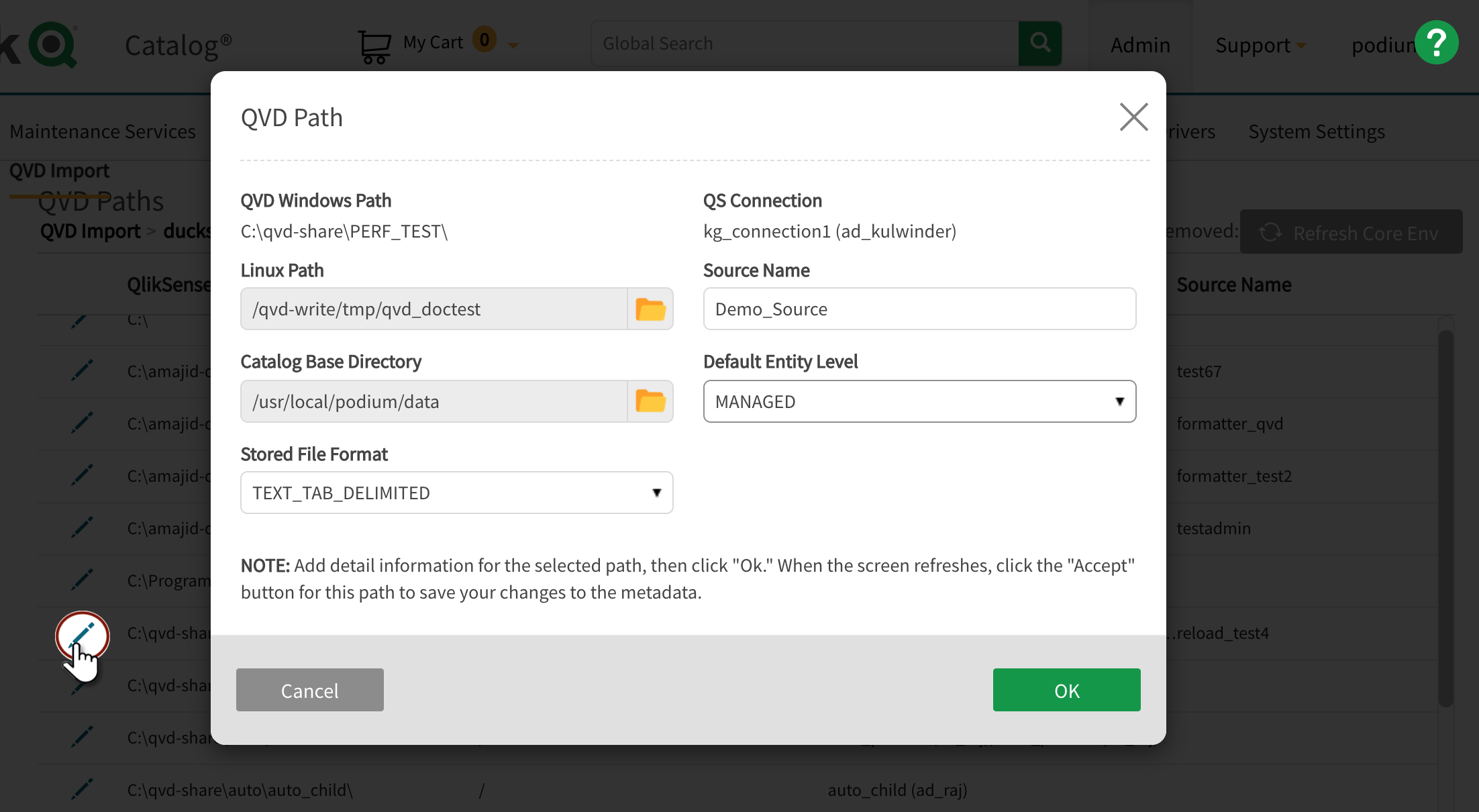 Select edit (pencil icon) to edit QVD path