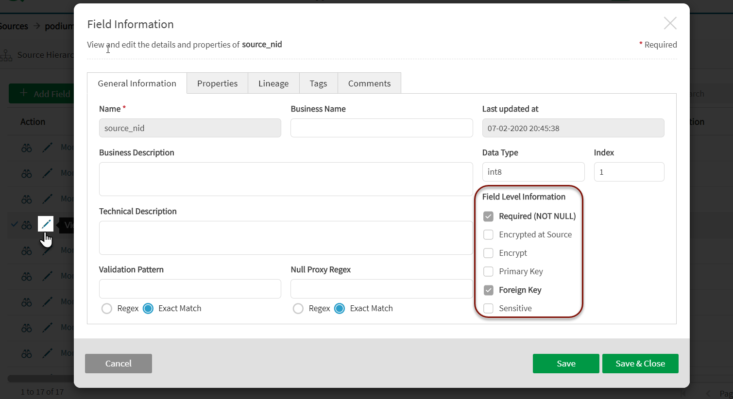 View field details to view primary and foreign key status