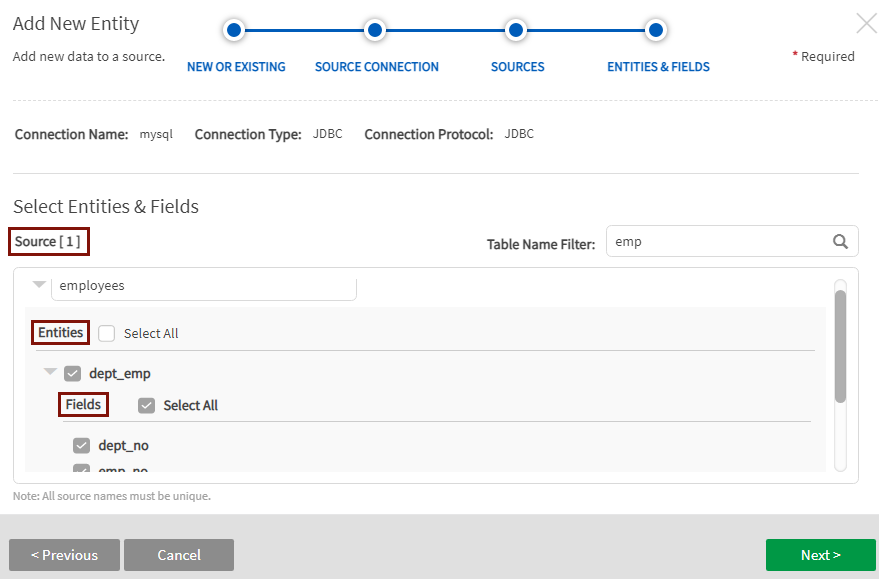 Select entities and fields in the JDBC sources