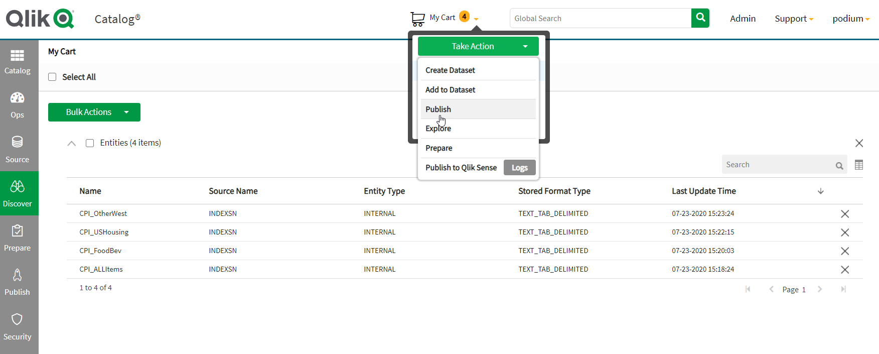 Transition entities from My Cart to publish