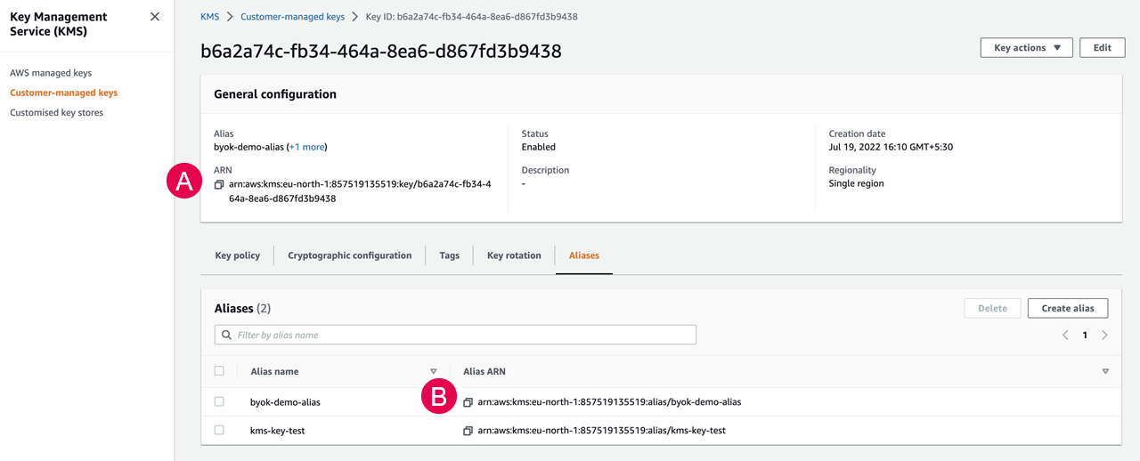 AWS KMS key ARN and alias ARN